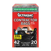 Ultrasac Thick Large Heavy Duty Industrial Trash Bags, 42 Gallon, 3 Milliliter, 20 Pack with Flap Ties