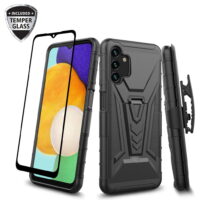 Samsung Galaxy A13 5G/4G Belt Clip Holster Kickstand Shock Proof Phone Case with Tempered Glass Screen Protector - Black