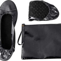 Foldable Ballet Flats - Women's Portable Ballerina Roll up Shoes with Pouch, Black, L