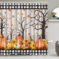 Ikfashoni Fall Shower Curtain,Buffalo Plaid Waterproof Bath Curtains,Pumpkin Shower Curtains for Bathroom,70'X69'