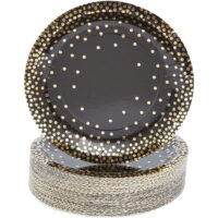48 Pack Black and Gold Paper Plates, Foil Polka Dots Plate for Birthday, Wedding & Retirement Party Supplies Decorations, 7 in