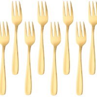 Stainless Steel Cake Fork 3 Prong Fruit Fork, 8-Piece Gold Fork Set Mirror Polish Great for Wedding Party Dessert
