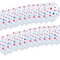 24 Patriotic Stars Print 11' Latex Balloons White w/ Blue & Red Design Qualatex