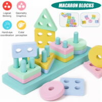 CNKOO Wooden Sorting & Stacking & Shape Sorter Toys for Toddlers, Montessori Color Recognition Stacker, Early Educational Block Puzzles for 1-3 Years Old Boys and Girls (4 Shapes)