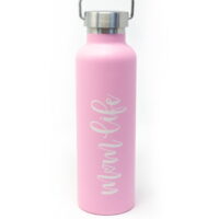 Water Bottle, Double Wall Stainless Steel Travel Tumbler 750ml 25oz Insulated Thermos Wide Mouth for Hot & Cold Liquids, Travel Thermal Flask for Women with Hand Lettering Mom Life in White on Pink