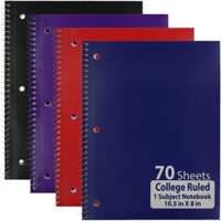 emraw single subject notebook spiral with 70 sheets of college ruled white paper - set includes: red, black, purple, blue covers (4 pack)