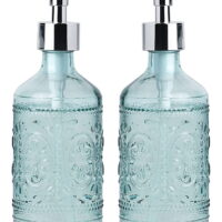 Embossed Glass Soap and Lotion Dispenser Bottles with Plastic Pump-12OZ-Set of 2 (Blue)