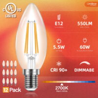 OmiBrite 12 Pack LED Decorative Light Bulbs Dimmable, E12 Small Base CRI90+, 5.5w 550lm (60w Equivalent) Warm White, UL-Listed