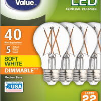 Great Value LED Soft White 5-Watt (40W Equivalent) Replacement General Purpose A15 Light Bulbs, 4pk