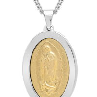 Mens Stainless Steel Virgin Mary Medallion Pendant Necklace