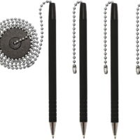 Secure Pen With Chain And Office Pen Holder Adhesive, Reception Counter Pen With 26' Ball Pen Chain, 4 Pens With Chain Attached Per Pack, Rubber Grip, Black Ink, Easily Refillable