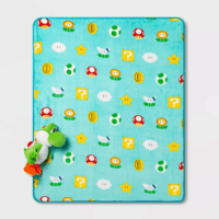 Super Mario Kids Yoshi Hugger Pillow and Fleece Throw Gift Set, 2-Piece, Teal