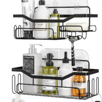 HapiRm Shower Caddy Shelf with 11 Hooks, Shower Rack for Hanging Razor, Soap and Shower Gel, No Drilling Bathroom Shelf with 3-4 Traceless Adhesive Hooks（Black)
