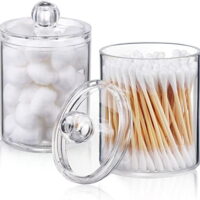 2-Pack Qtip Holder Dispenser for Cotton Balls, Cotton Swabs, Cotton Round Pads, Dental Floss - 10oz Clear Plastic Elixir Jar Set for Bathroom Jar Storage Organization, Dresser Makeup Organizer