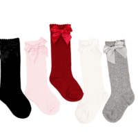 Amerteer 5 Pairs Baby Kids Cotton Soft Breathable Knee-High Over Calf Socks Infant Newborn Striped Bow Stockings, Suitable for infants from 6 to 12 months