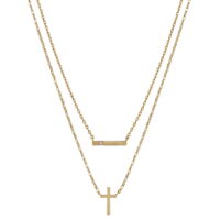 14K Gold Flash-Plated Cubic Zirconia Bar and Cross 2-Piece Necklace Set with Extender