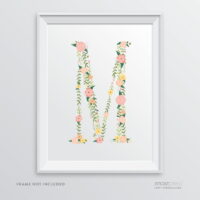 M Monogram Wall Art Letters, Coral Floral Roses