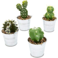 4 Pack Artificial Succulents, 4.7 to 6.5 inch Green Fake Cactus Plants with Iron Bucket