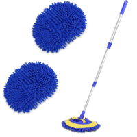 Carcarez 2 in 1 Microfiber Car Wash Mop Mitt Cleaning Brush Kit with 45' Extensible Aluminum Alloy Handle and 2 × Mop Heads for Car,Truck,RV and Trailer (Blue)
