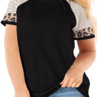LANREMON Plus Size Tunics Tops for Womens Leopard Crewneck Short Sleeve Color Block Blouse T Shirts