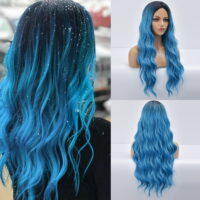 Bidobibo Lace Front Wigs Human Hair Blue Wig for Women Long Curly Wavy Pastel Blue Wig Side Part Synthetic Halloween Cosplay Wig with Wig Cap 24'