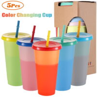 24oz Color Changing Stadium Cup, Durable plastic cups, BPA FREE, Reacting to ice cold liquids, Set of 5, Frosted Assorted