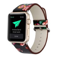 Apple Watch Bracelet, Floral Printed Leather Watch Band 42mm/44mm Strap for Apple Watch Flower Design Wrist Watch Bracelet (Black+Red Flower)
