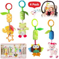 LNKOO 4 PCS Baby Soft Hanging Rattle Crinkle Squeaky Toy - Baby Toys for 0 3 6 9 to 1 Animal Ring Plush Stroller Infant Car Bed Crib Travel Activity Hanging Wind Chime with Teether for Boys Girls