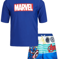Marvel Boys' Avengers Rash Guard Set - Captain America, Iron Man Swim Shirt and Trunks (4-12)