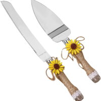 Portable Rope Decoration Western Style Wedding Cake Knife Spatula Set,Stainless Steel Knife ,with Sunflower Decoration,Very Suitable for Anniversary,Engagement, Birthday Party Gifts