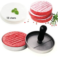Burger Press 100 Silicone Oil Papers Set Aluminum Non-Stick Hamburger Patty Maker Mold for Beef Veggie Burger BBQ Barbecue Grill Dishwasher Safe 4.6' Diameter and 0.7' Depth