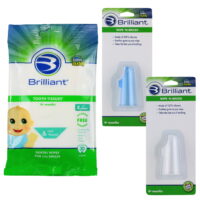 Brilliant Bundle with Tooth Tissues Xylitol Wipes Bubblegum Flavor 30 Count and Soft Silicone Wipe-N-Brush Brush, Blue 2 Pack