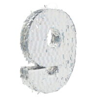 Small Number 9 Pinata, Silver Holographic Foil Party Decorations for Kids 9th Birthday Centerpiece, 15.7 x 9 x 3 in