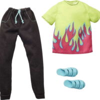 Barbie Fashions Pack: Ken Doll Clothes With Neon Green Shirt With Flame Design, Black Athleisure Pants & Blue Slide Sandals, 3 To 8 Years Old