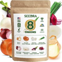 SEEDRA.US 8 Onion Seeds Variety Pack - 200+ Non GMO, Heirloom Seeds for Indoor Outdoor Hydroponic Home Garden - Walla Walla, Yellow Sweet Spanish, Crystal White Wax, Tokyo Long White Bunching & More