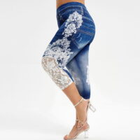 Ruimatai Women's Plus Size High Waist Lace Insert Jeans Capri Pants
