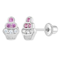 Rhodium Plated Pink & Clear CZ Cupcake Safety Screw Back Earrings for Girls