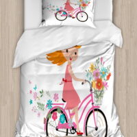Kids Twin Size Duvet Cover Set, Happy Little Girl with Bunch of Flowers Riding a Bike Cheerful Childhood Activity, Decorative 2 Piece Bedding Set with 1 Pillow Sham, Multicolor, by Ambesonne