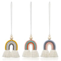 Creative hand-woven rainbow interior3 Pcs Macrame Rainbow Handmade Car Charm with Wooden Beads for Home Wall Car Decoration