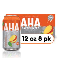 AHA Sparkling Water, Mango + Black Tea Flavored Water, with Caffeine & Electrolytes, Zero Calories, Sodium Free, No Sweeteners, 12 fl oz, 8 Pack