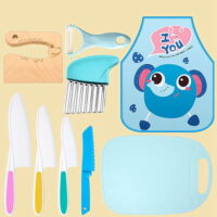 Kids Cooking Set Real, Montessori Kitchen tools, Toddlers Safe Knife Tools Set (Include Wood and Plastic Knife, Crinkle Cutter, Peeler, Cutting Board,Y Peeler, Apron), Gifts for Junior Boys/Girls Chef