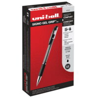 Uni-ball Signo GRIP Stick Gel Pen, 0.7 mm, Black Ink. Silver and Black Barrel, Dozen - 65450