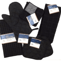 Kitchen Towel Set with 2 Quilted Pot Holders, Oven Mitt, Dish Towel, Dish Drying Mat, 2 Microfiber Scrubbing Dishcloths (Black)