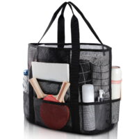 Peaoy Mesh Beach Bag Black Large Beach Tote Bag Oversized Foldable Multiple Pockets Storage Bag for Beach Picnic Camping