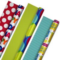 Hallmark Reversible Birthday Wrapping Paper Bundle, Bright Colors, 3 Rolls