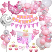 Pink Princess Theme Party Supplies Birthday Decorations for Girls, Happy Birthday Banner, Cake Toppers, Princess Crown Foil Balloon for Pink Party Supplies Girls Princess Party Decorations
