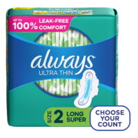 Always Ultra Thin Pads Unscented with Wings, Long Absorbency, Size 2, 58 Ct