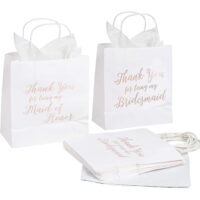 11 Bridesmaid and 1 Maid of Honor Thank You Paper Gift Bag, Rose Gold Foil Text, Includes 20 Sheets of Tissue Paper, Perfect for Bridal Party Favors, White, 9 x 8 x 4 inches