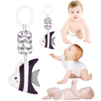 LNGOOR 2Pcs Hanging Rattle Toys Soft Plush Toy Mobile Bed Black White Cute Animal Baby Crib Hanging Bell Toys For Infant 0-12month