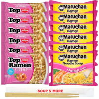Maruchan Ramen Instant Shrimp Flavor Soup 6 Noodles Packs & 6 Nissin Packs Shrimp Noodles Flavor Lunch / Dinner Variety, 12 Count, 2 Flavors